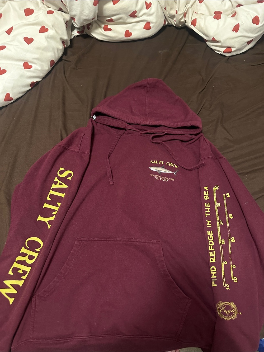Large Salty Crew Maroon Pullover Hoodie with Yellow Nautical Graphics